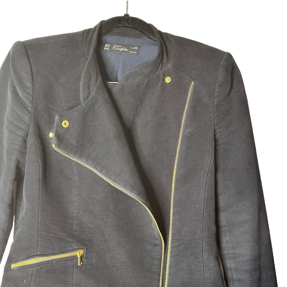Zara Velvet Like Moto Bomber Collarless Jacket w/ Gold Zipper & Stud Detail sz M - Picture 9 of 16